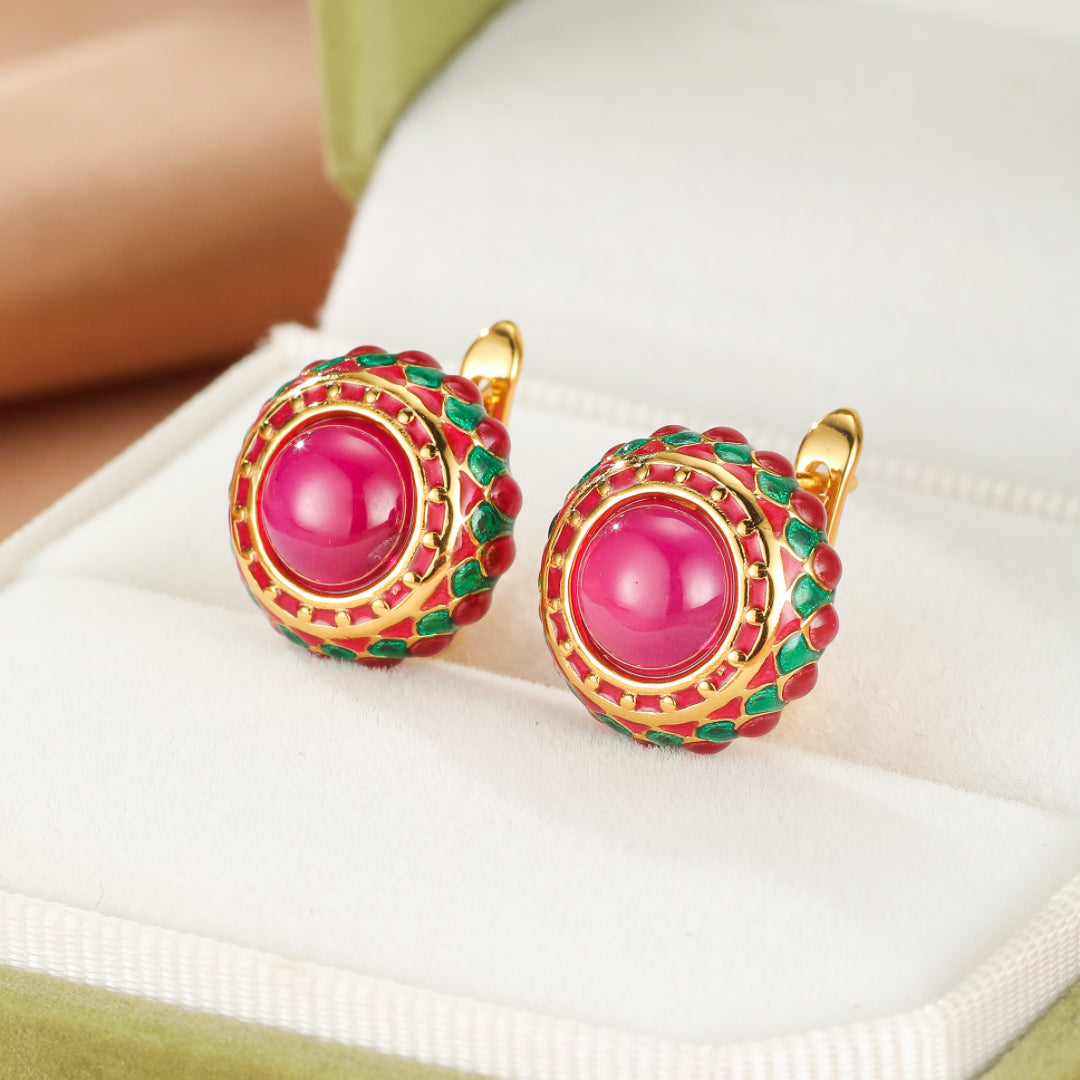 Carnelian Earrings – Royal Rosette, Enameled Silver