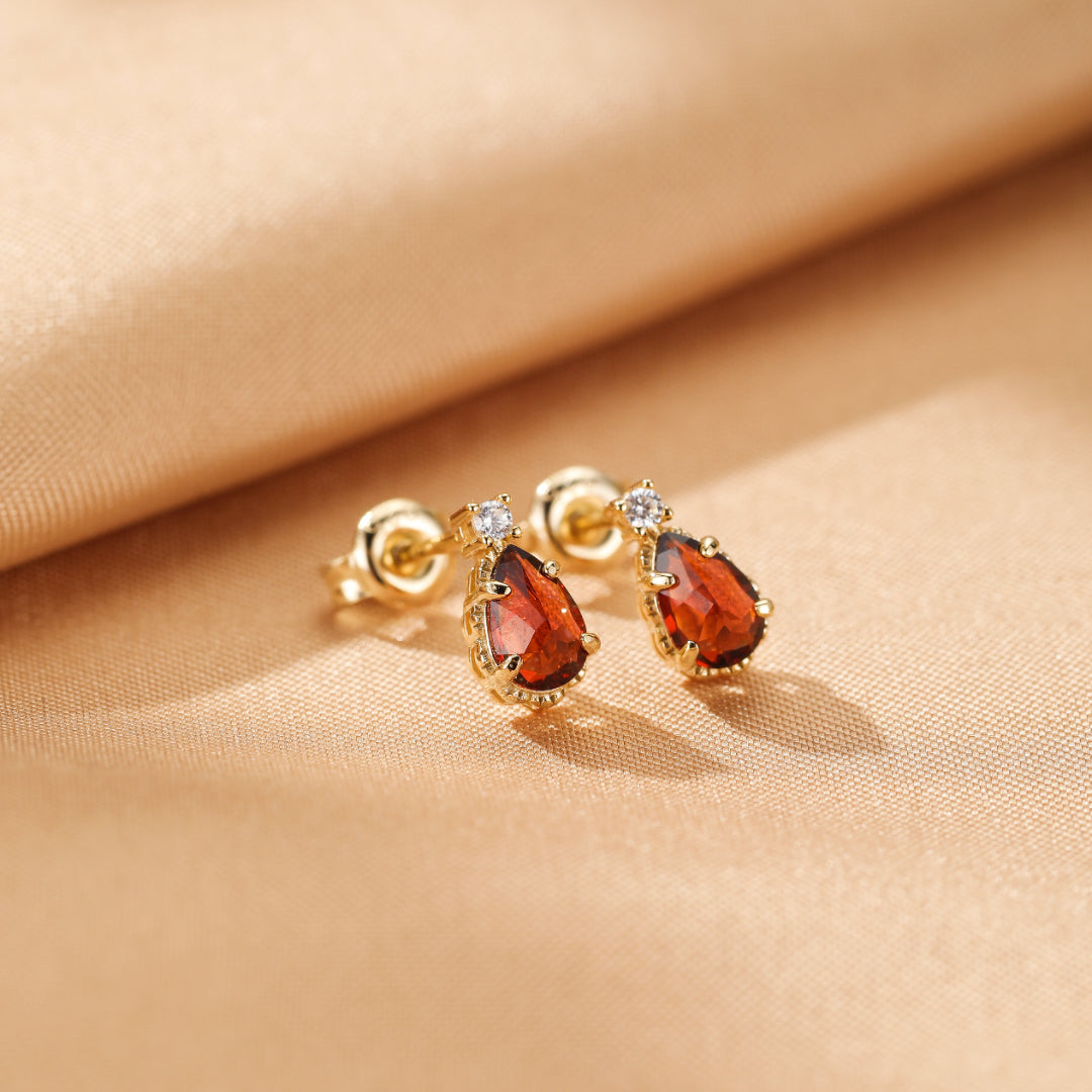 Garnet Earrings – Fire Drop, Gold Plated Silver