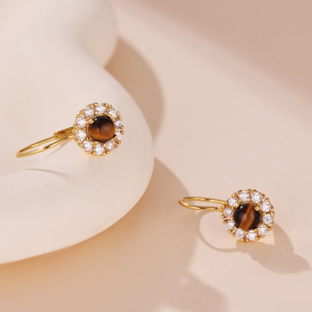 Boucles d'oreilles ornées d'un œil de tigre marron entouré de petits cristaux blancs, montées sur un bijou en argent plaqué or.