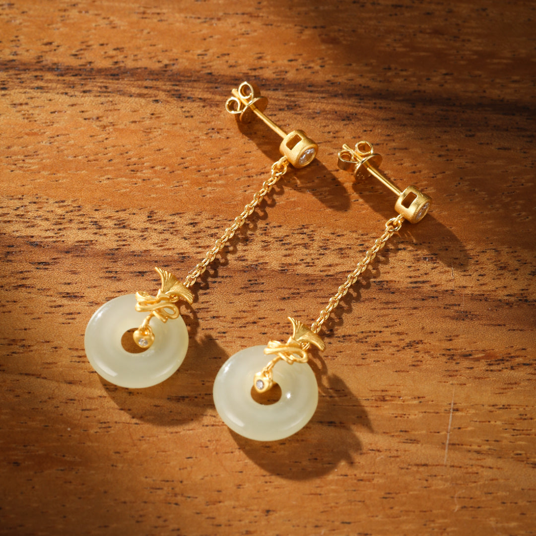 White Jade Earrings – Carnation Grace, Gold Plated Silver