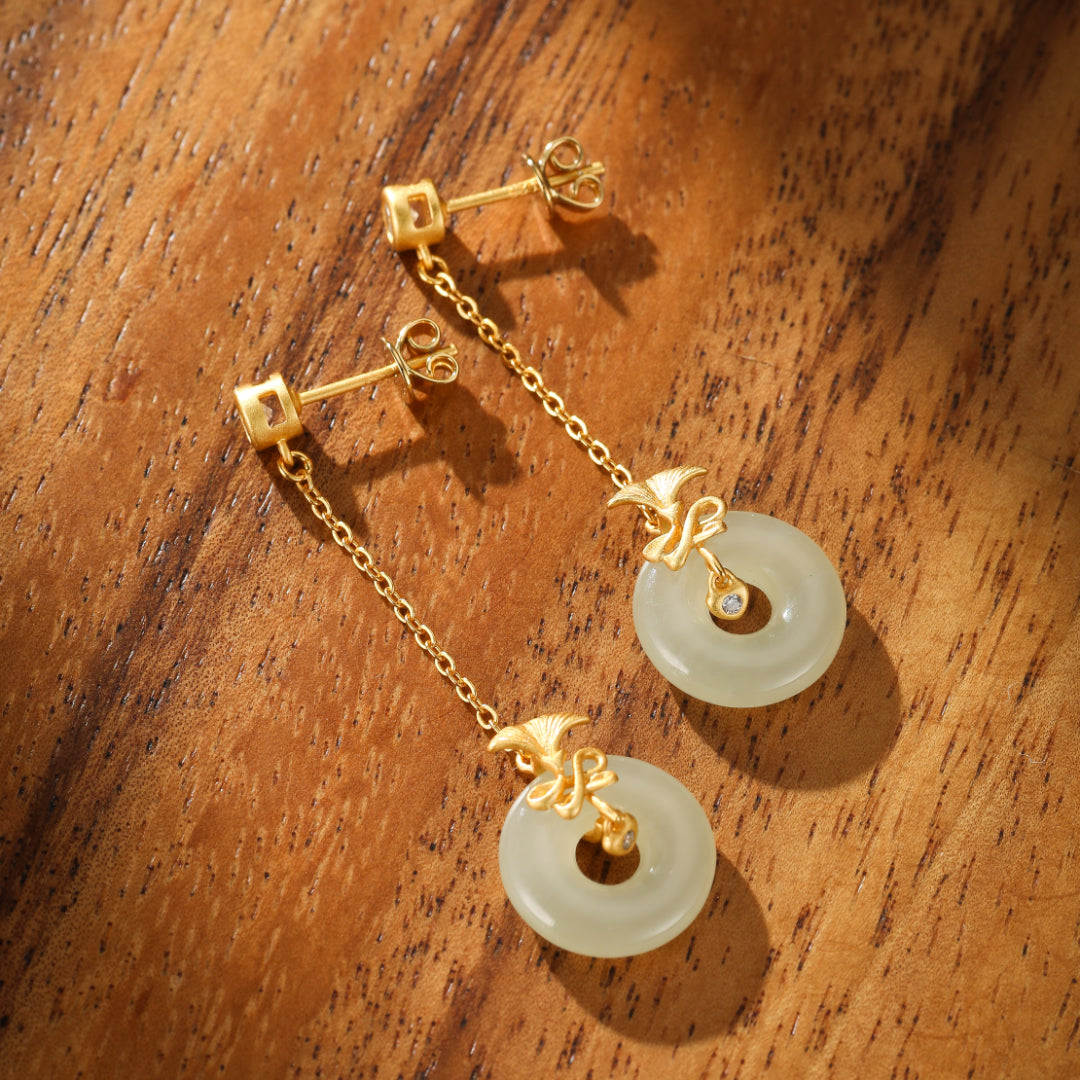 White Jade Earrings – Carnation Grace, Gold Plated Silver