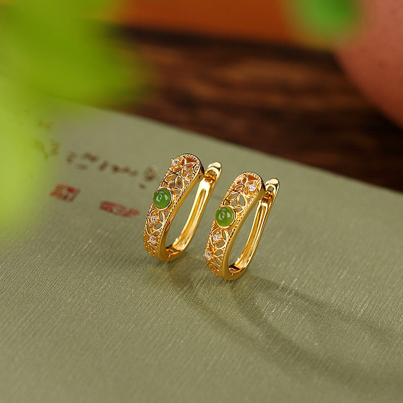 Boucles d'Oreilles Jade – Élégance Impériale, Argent Plaqué Or