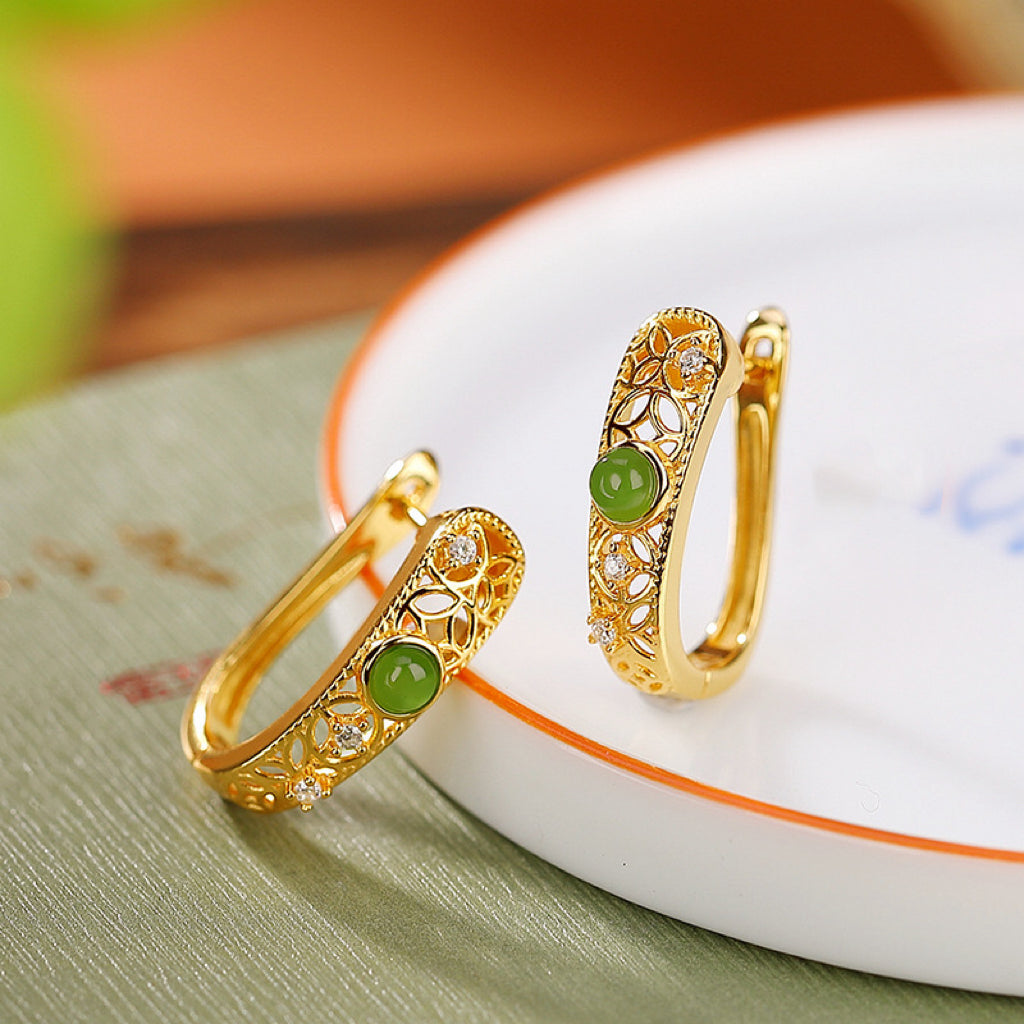 Boucles d'Oreilles Jade – Élégance Impériale, Argent Plaqué Or