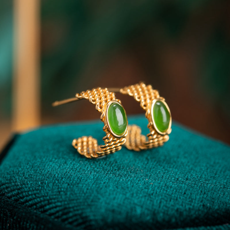 Boucles d'Oreilles Jade – Elégance Raffinée, Argent Plaqué Or