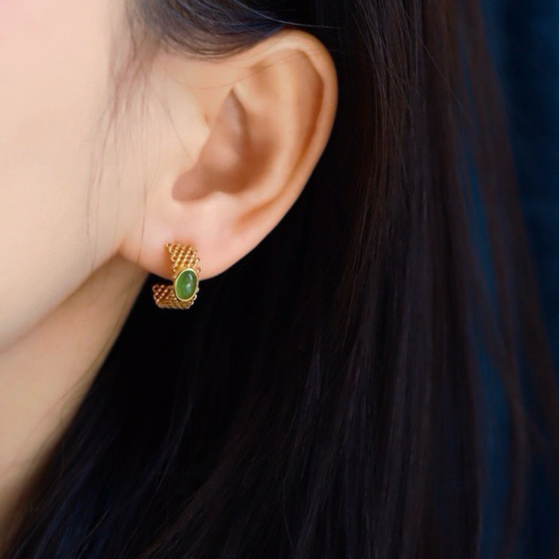 Boucles d'Oreilles Jade – Elégance Raffinée, Argent Plaqué Or