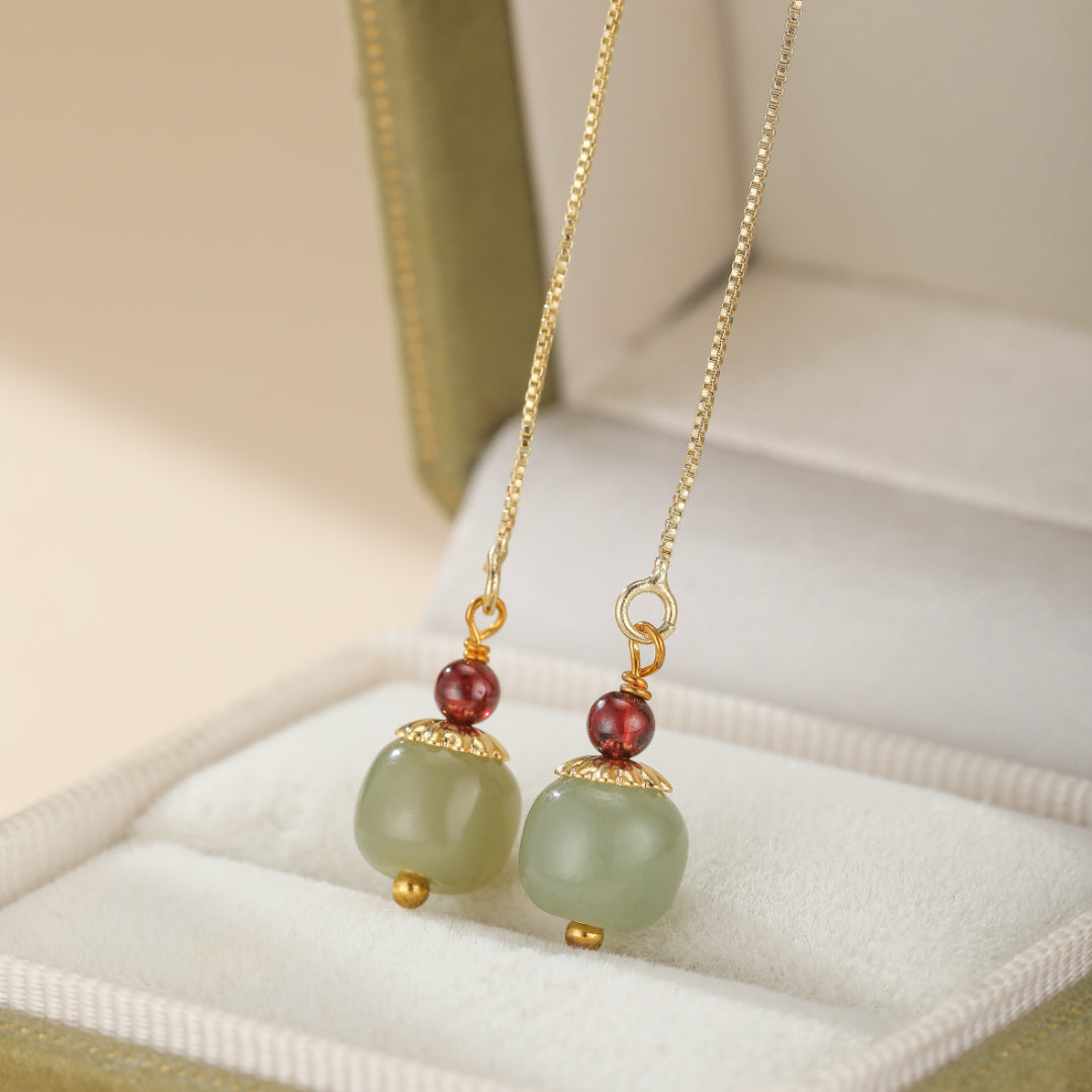 Boucles d’Oreilles Jade et Agate – Fruit, Argent Plaqué Or - 1