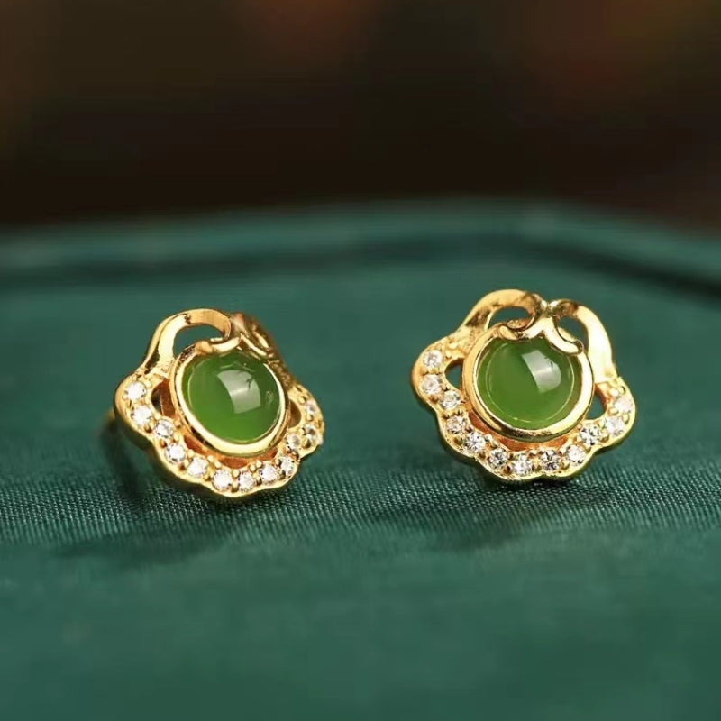 Boucles d'Oreilles Jade – Nuage de Bonheur, Argent Plaqué Or