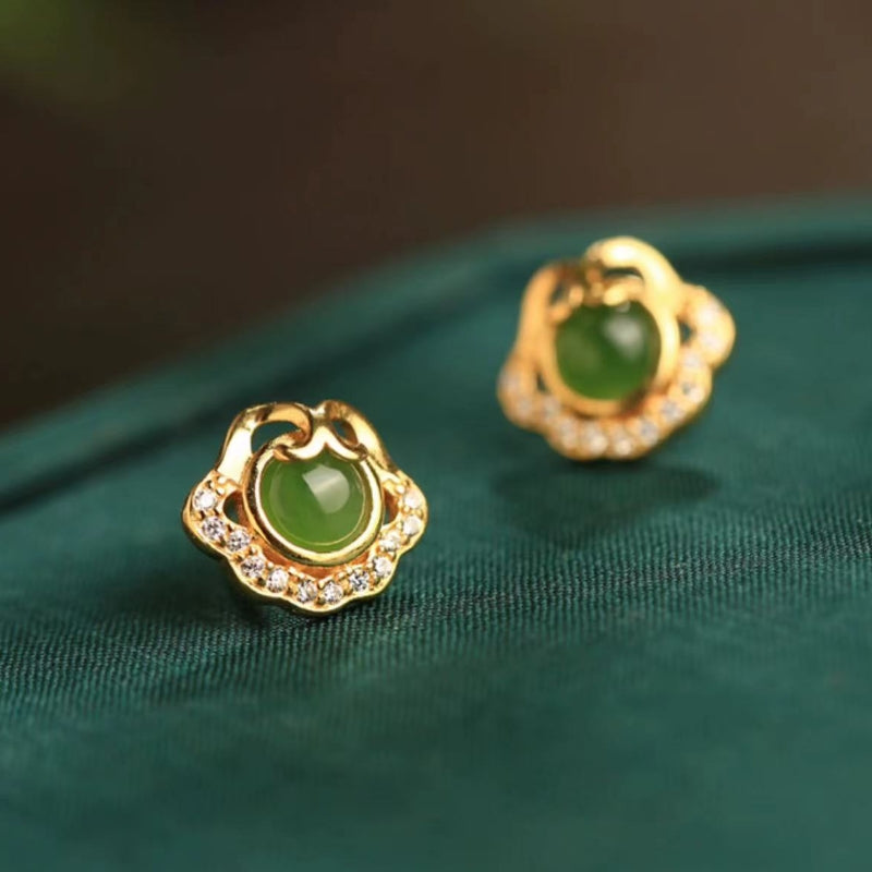 Boucles d'Oreilles Jade – Nuage de Bonheur, Argent Plaqué Or