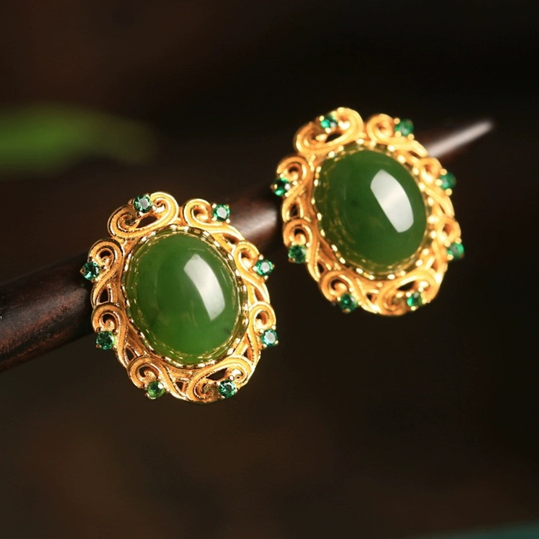 Boucles d'Oreilles Jade – Nuage de Félicité, Argent Plaqué Or