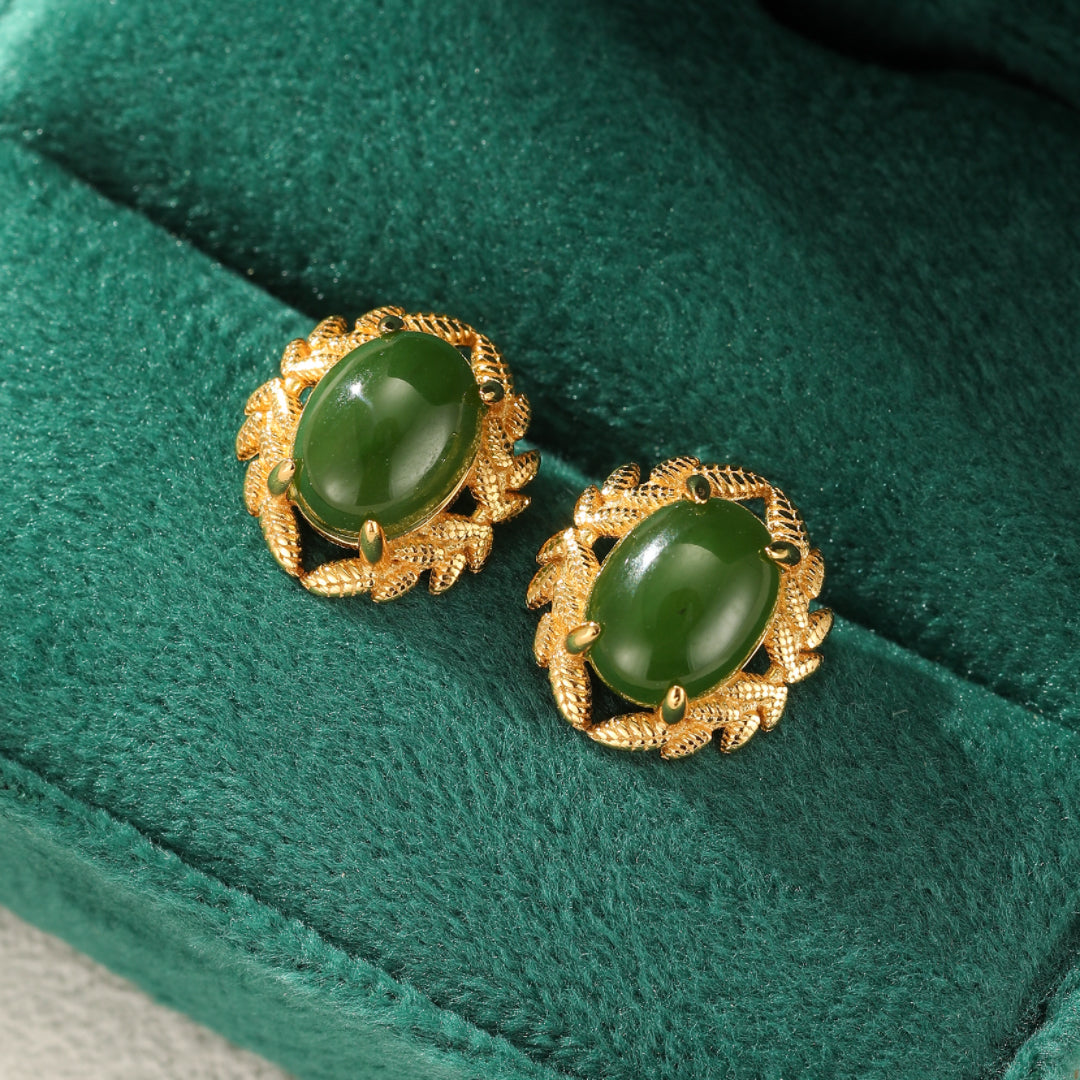 Boucles d'Oreilles Jade – Reine de Jade, Argent Plaqué Or