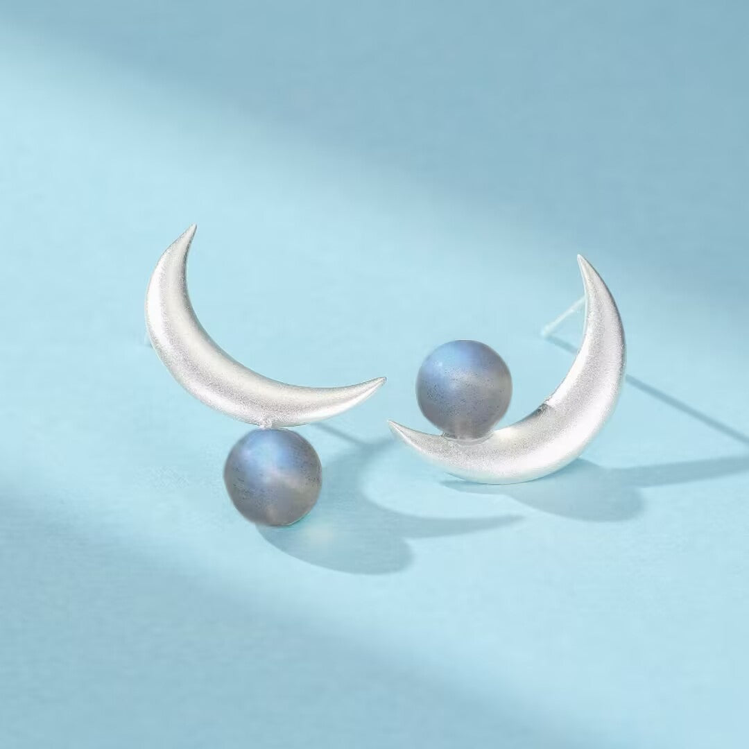 Boucles d'Oreilles Labradorite – Croissant Enchanté, Argent