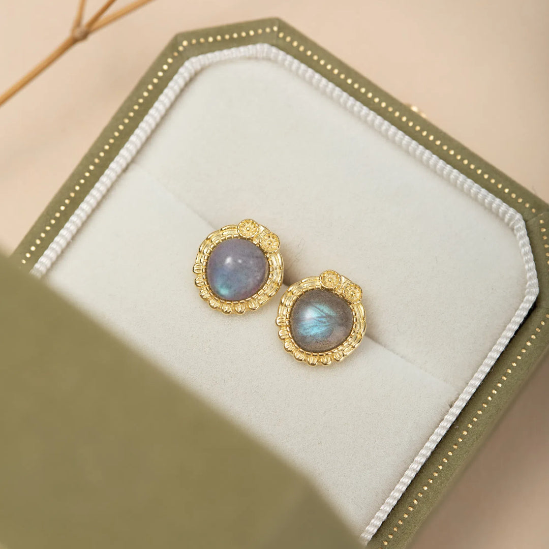 Boucles d'Oreilles Labradorite – Sagesse Antique, Argent Plaqué Or