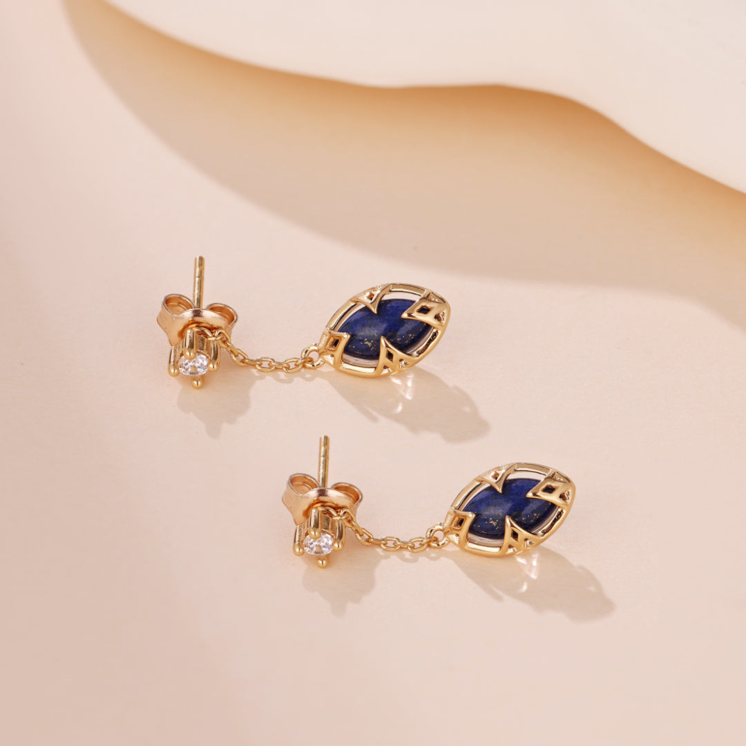 Boucles d'Oreilles Lapis Lazuli et Quartz Clair – Étoile du Matin, Argent Plaqué Or