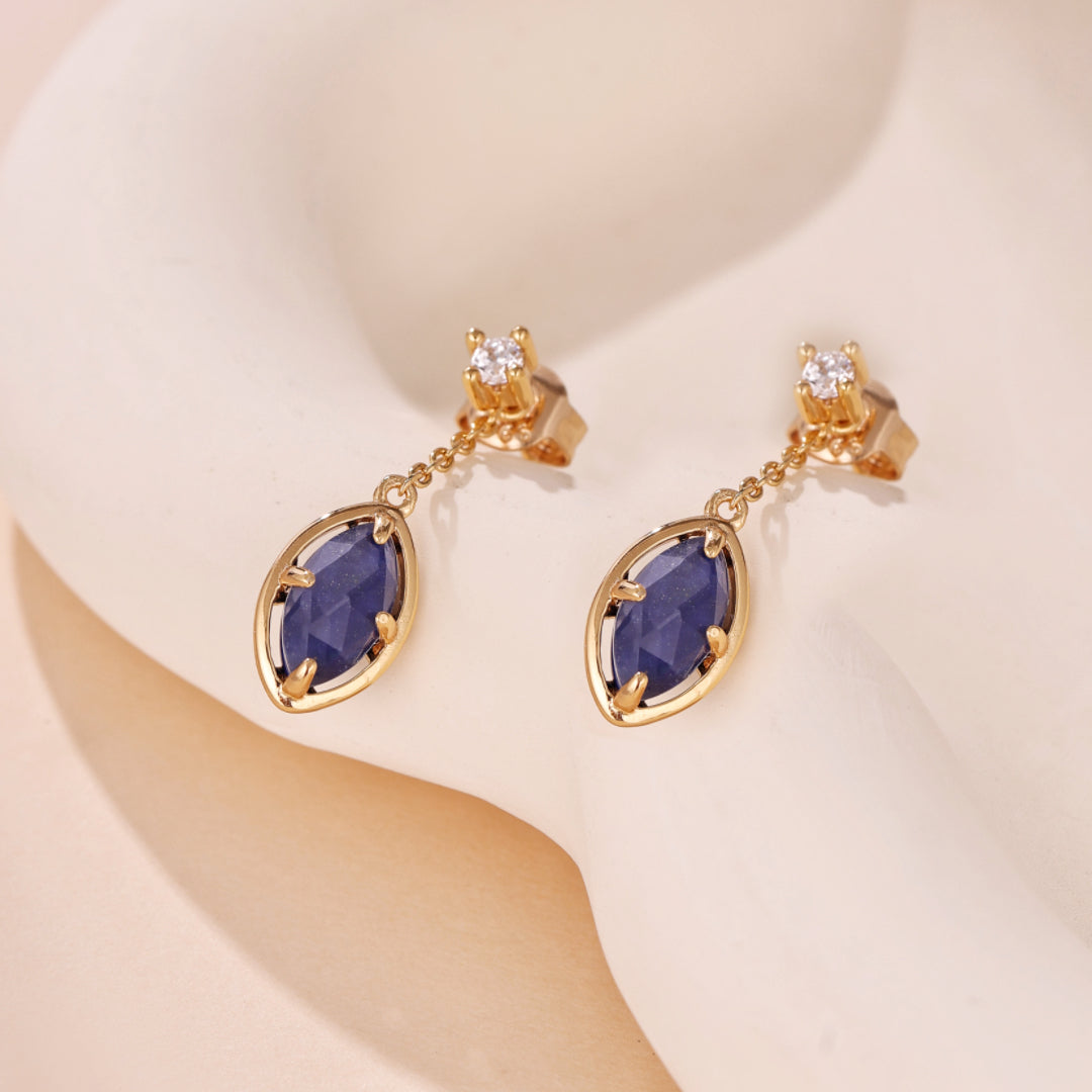 Boucles d'Oreilles Lapis Lazuli et Quartz Clair – Étoile du Matin, Argent Plaqué Or