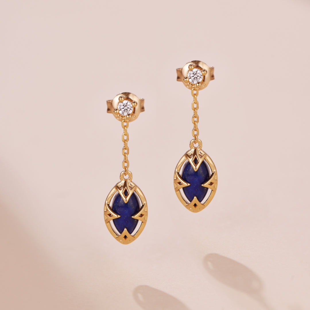 Boucles d'Oreilles Lapis Lazuli et Quartz Clair – Étoile du Matin, Argent Plaqué Or