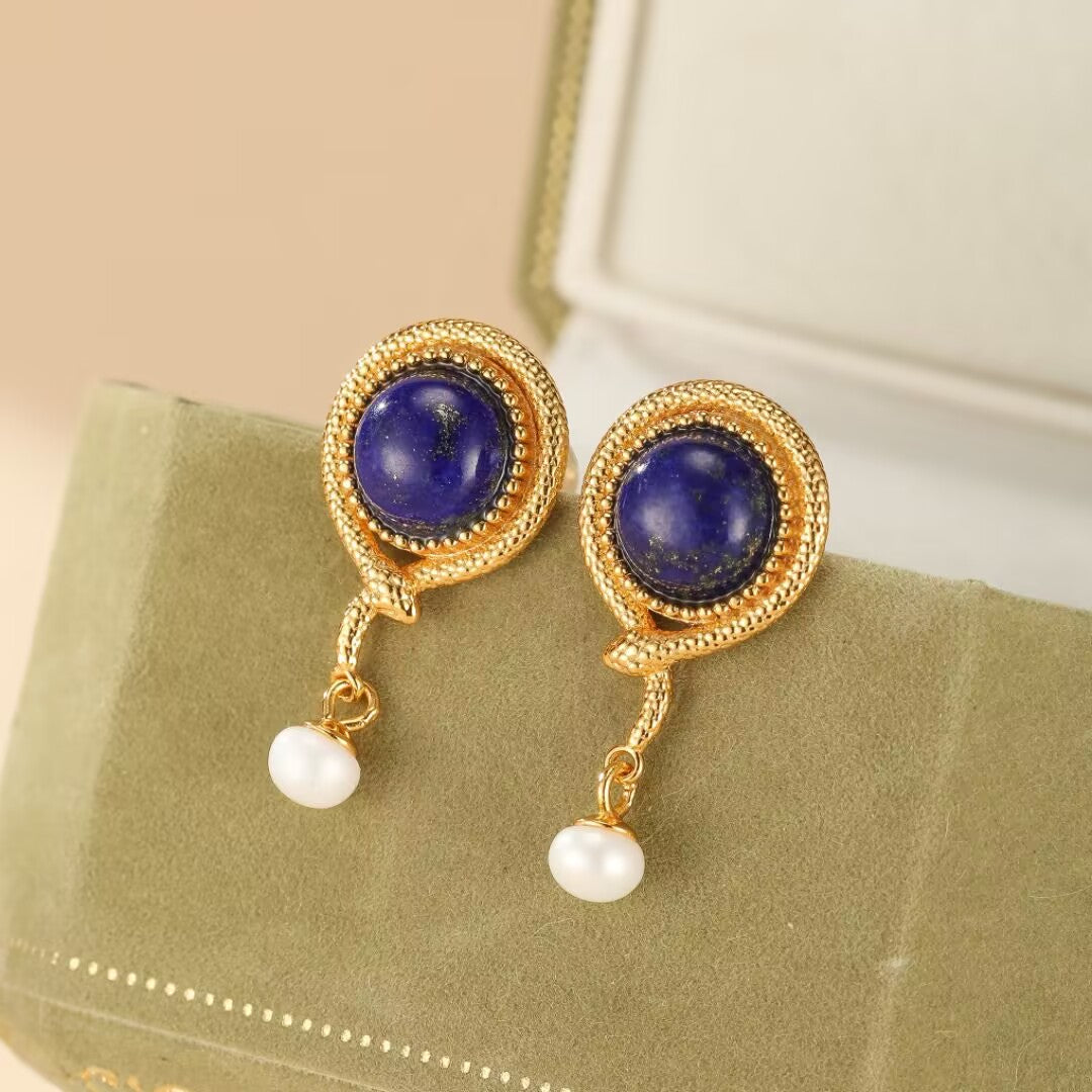 Lapis Lazuli Serpent Earrings – Luminous Pearl, Gold Plated Silver