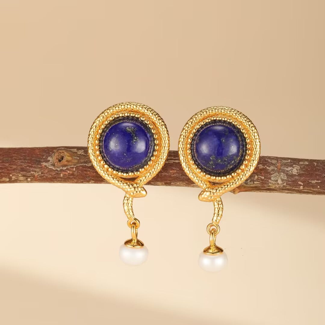 Lapis Lazuli Serpent Earrings – Luminous Pearl, Gold Plated Silver