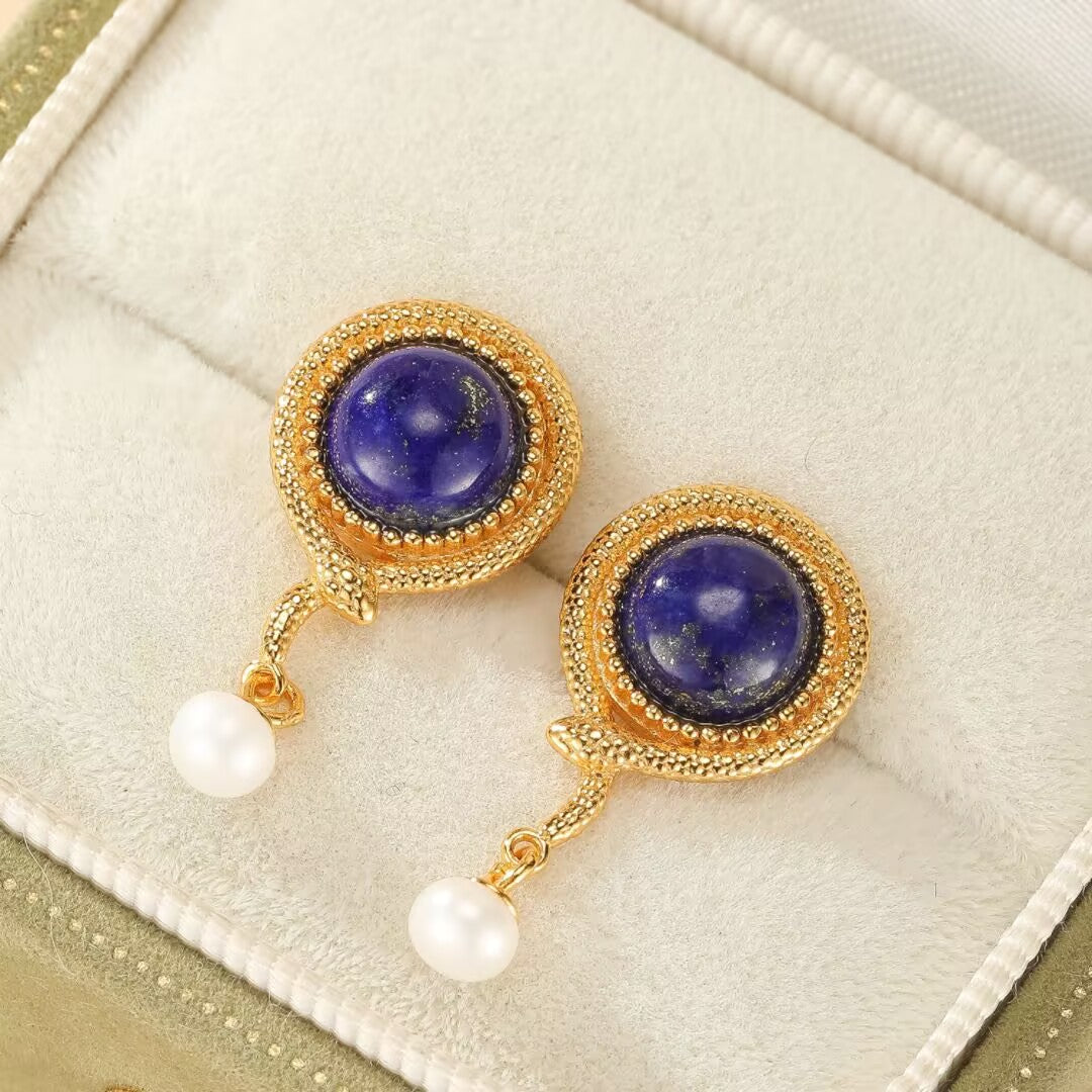 Lapis Lazuli Serpent Earrings – Luminous Pearl, Gold Plated Silver