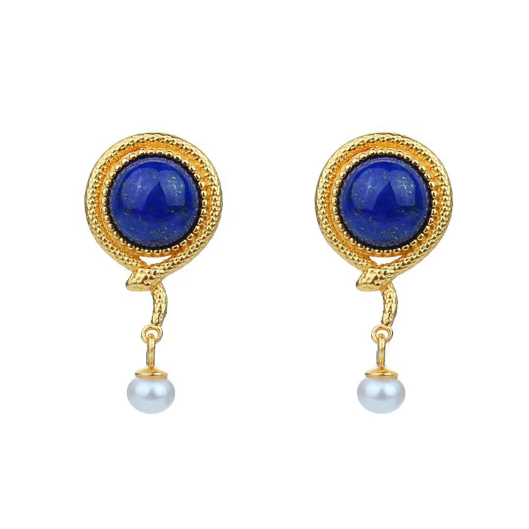 Lapis Lazuli Serpent Earrings – Luminous Pearl, Gold Plated Silver