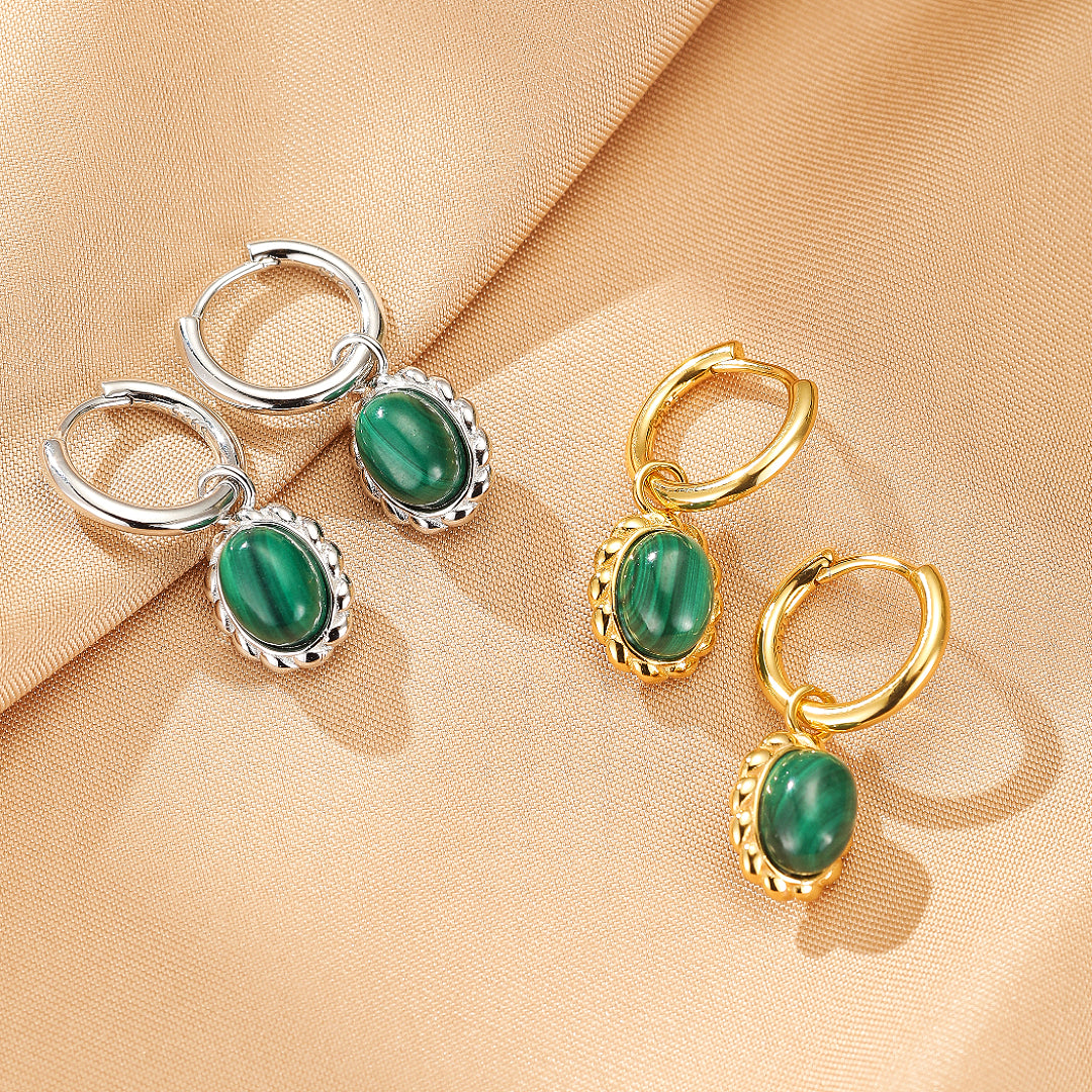 Malachite Earrings – Oval Charm, Silver