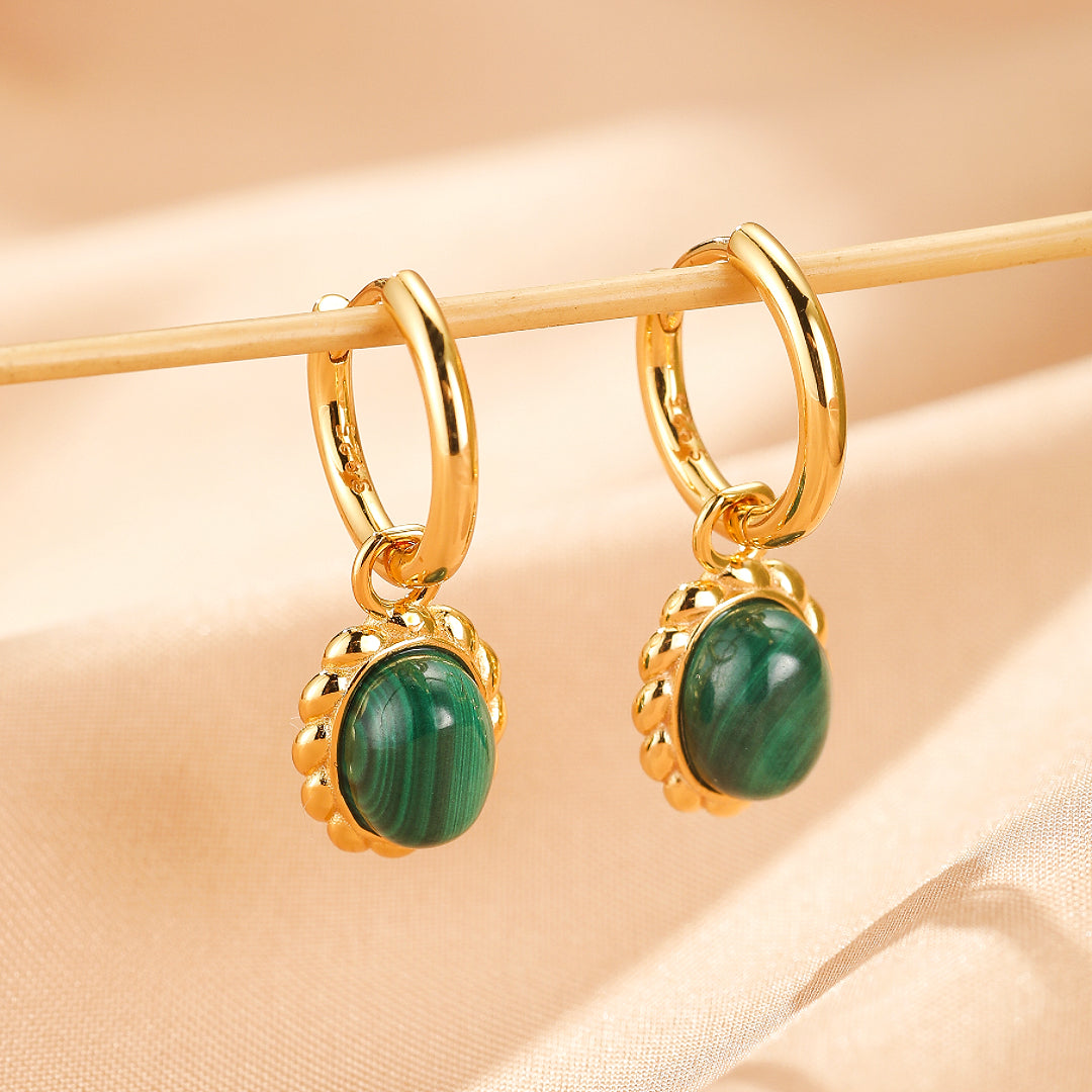 Malachite Earrings – Oval Charm, Silver