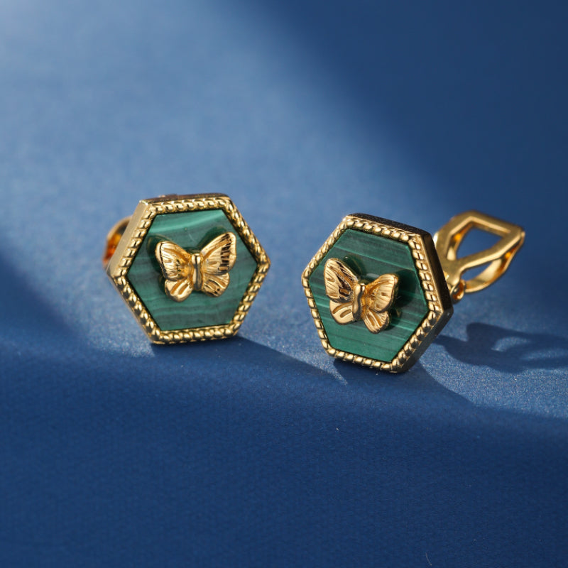 Boucles d'Oreilles Malachite – Élégance Papillon,  Argent Plaqué Or