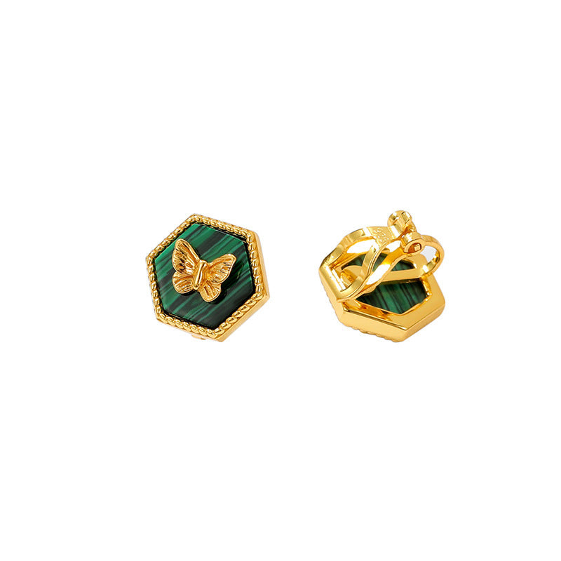 Boucles d'Oreilles Malachite – Élégance Papillon, Argent Plaqué Or