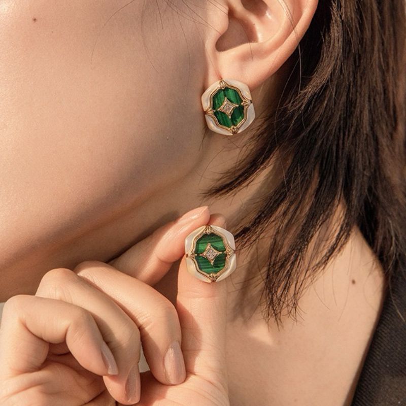 Boucles d'Oreilles Malachite et Nacre – Astres en Verdures, Argent Plaqué Or