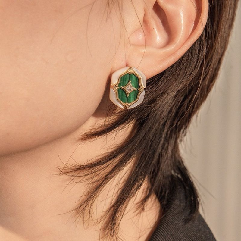 Boucles d'Oreilles Malachite et Nacre – Astres en Verdures, Argent Plaqué Or