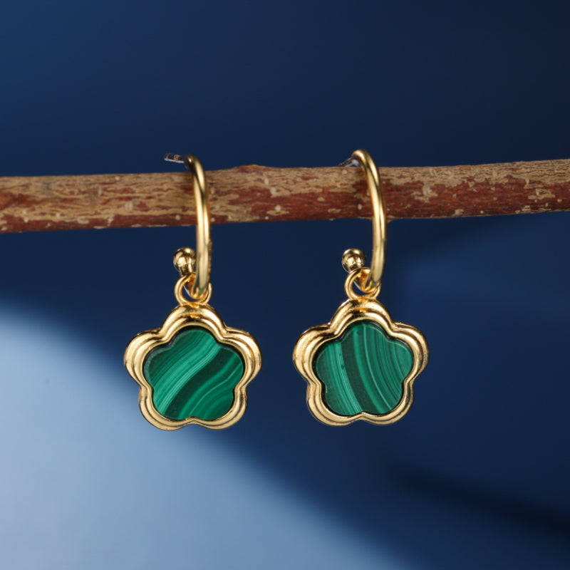 Boucles d'Oreilles Malachite – Étoile Fleur, Argent Plaqué Or
