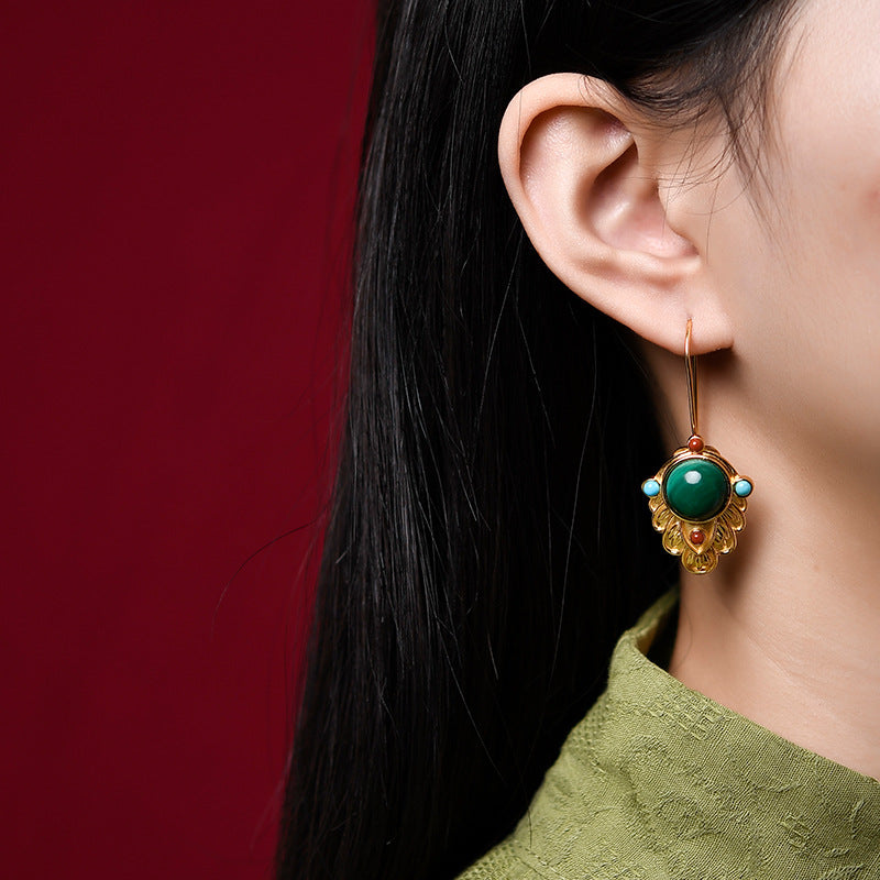 Boucles d'Oreilles Malachite – Feuille Dorée, Argent Plaqué Or