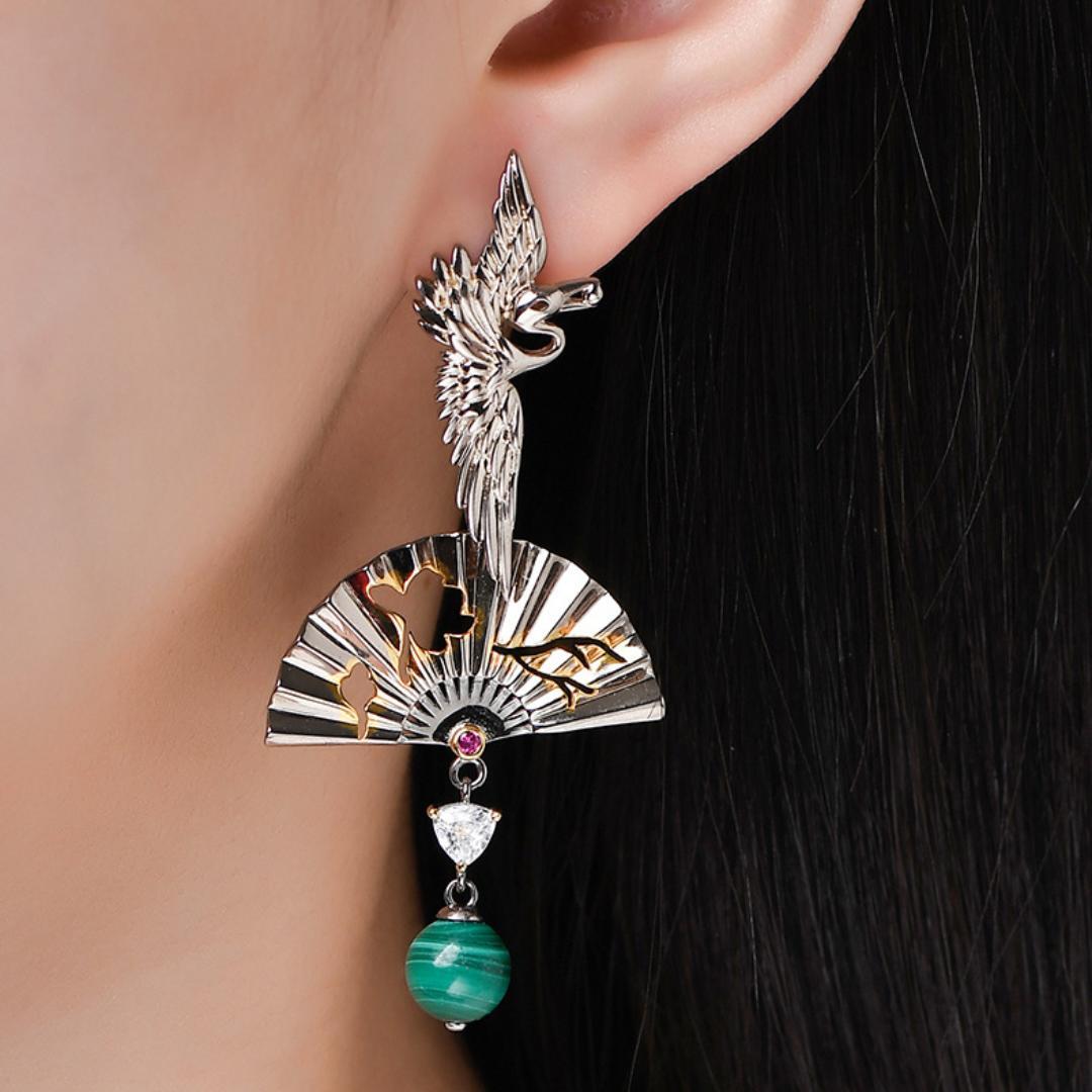 Boucles d'Oreilles Malachite – Grue de Chance, Argent 925