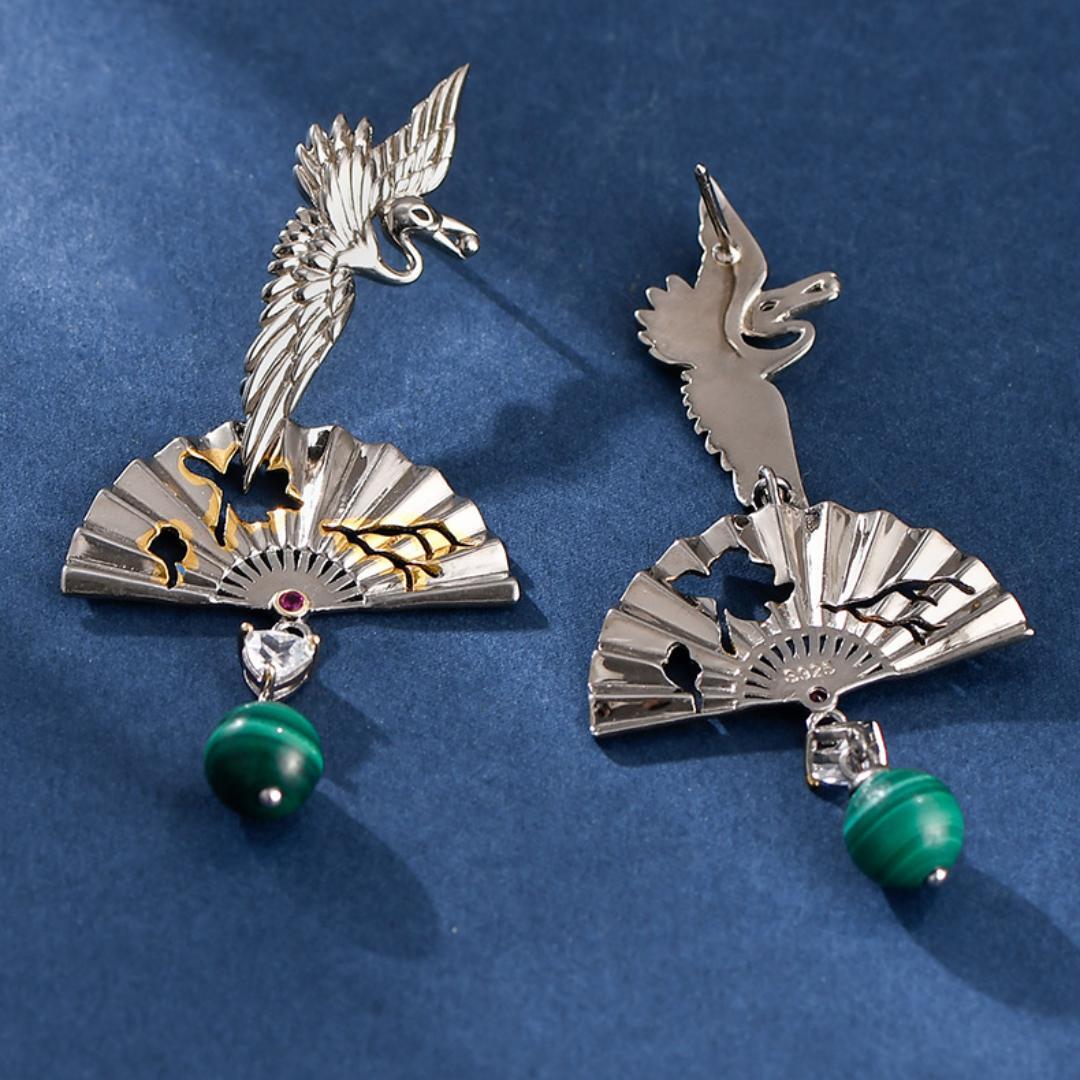 Boucles d'Oreilles Malachite – Grue de Chance, Argent 925