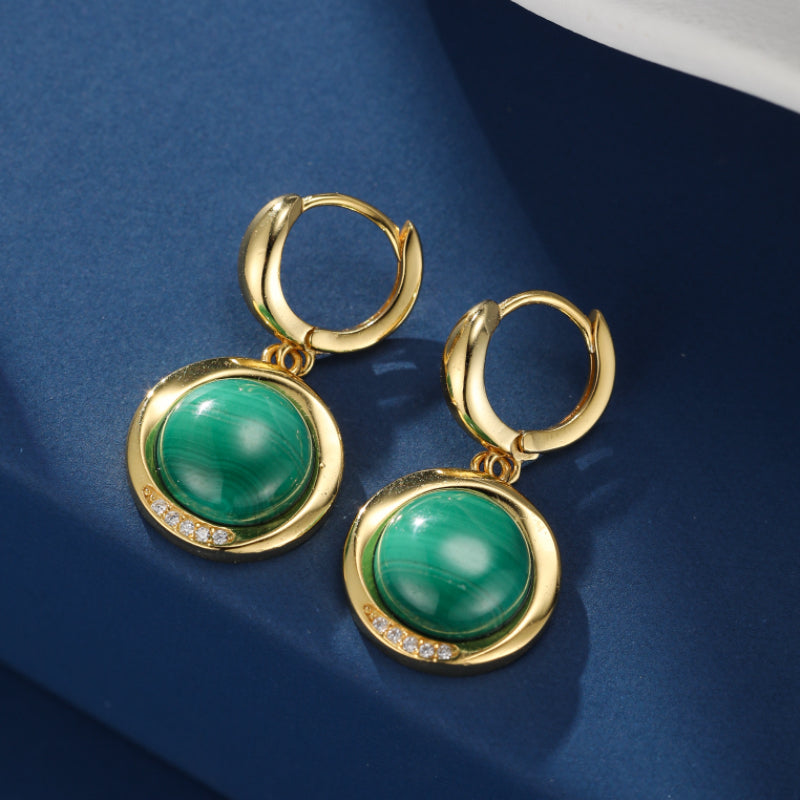 Boucles d'Oreilles Malachite – Harmonie Verte, Argent Plaqué Or