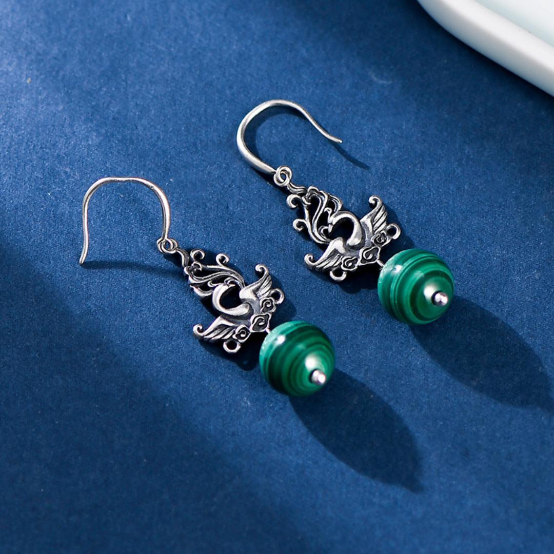 Boucles d'Oreilles Malachite – Phénix de Renaissance, Argent 925