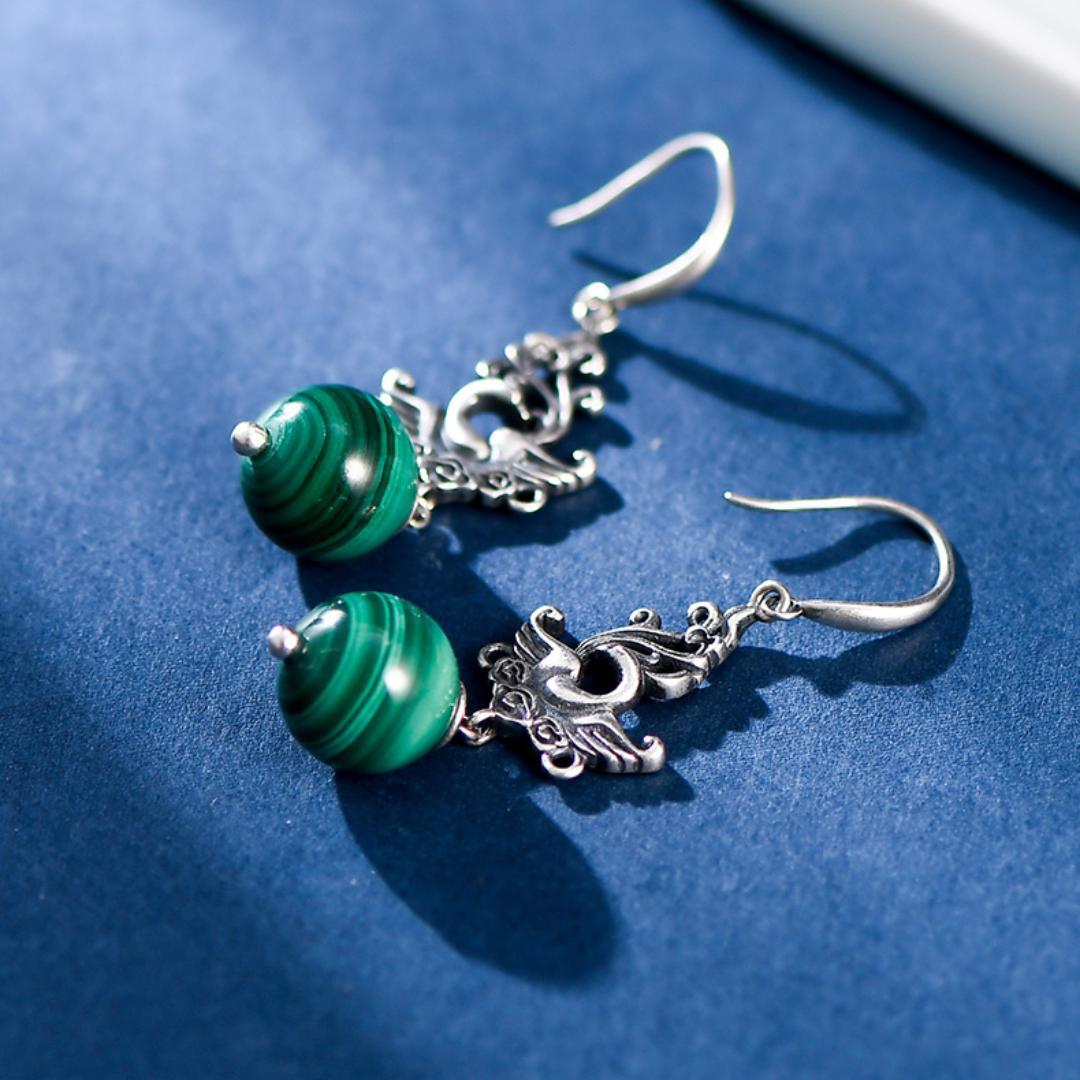 Boucles d'Oreilles Malachite – Phénix de Renaissance, Argent 925