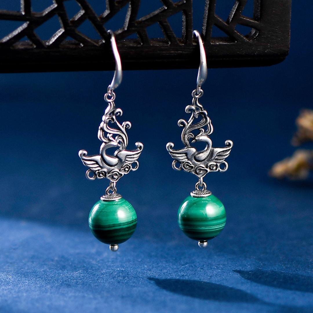 Boucles d'Oreilles Malachite – Phénix de Renaissance, Argent 925