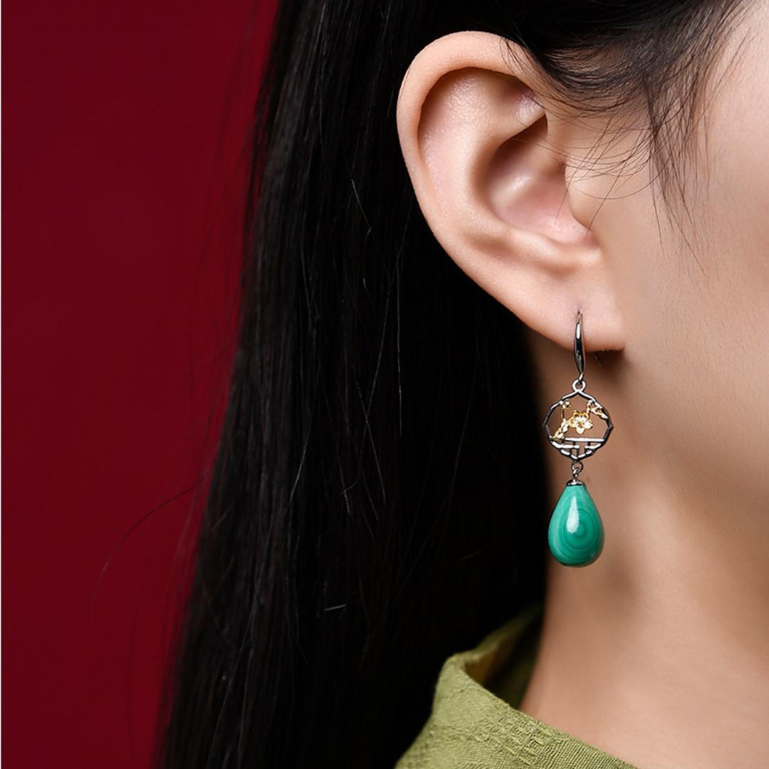 Boucles d'Oreilles Malachite – Sakura, Argent 925
