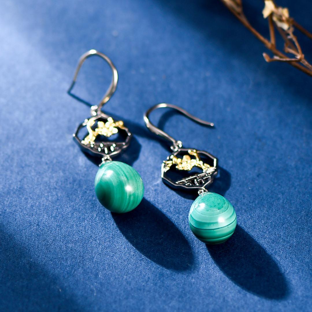 Boucles d'Oreilles Malachite – Sakura, Argent 925
