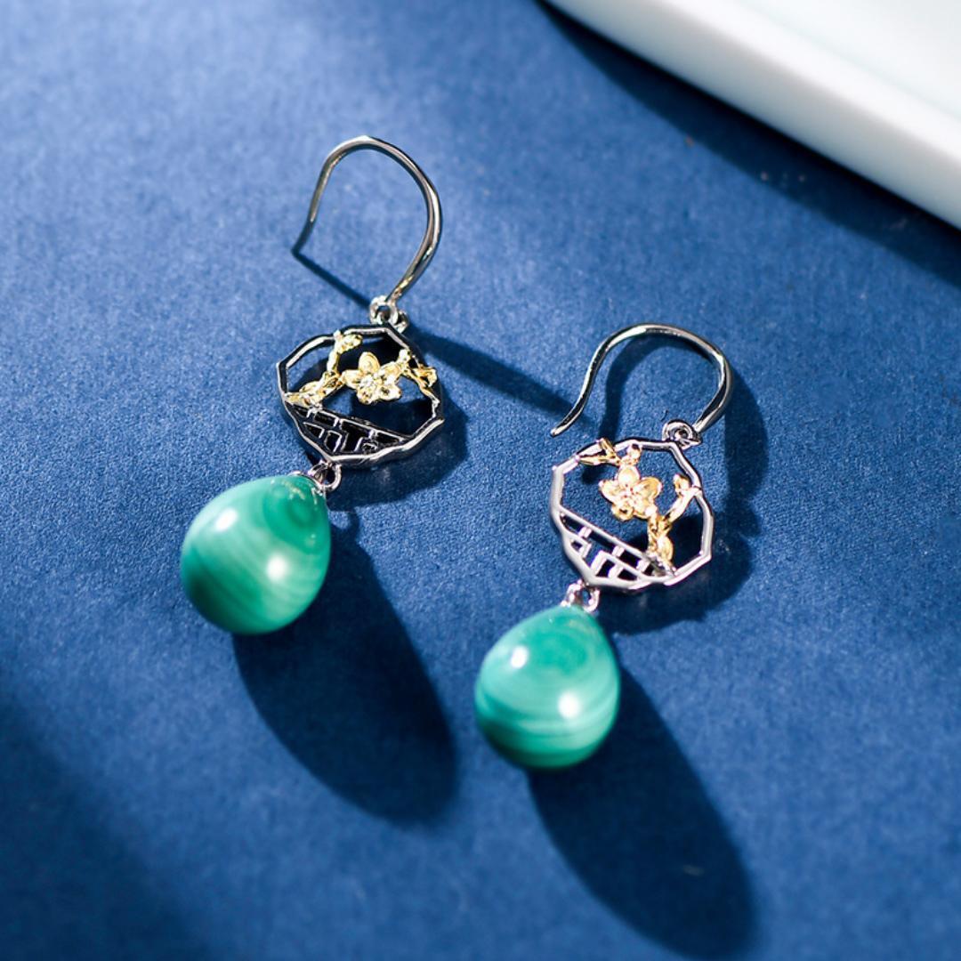 Boucles d'Oreilles Malachite – Sakura, Argent 925