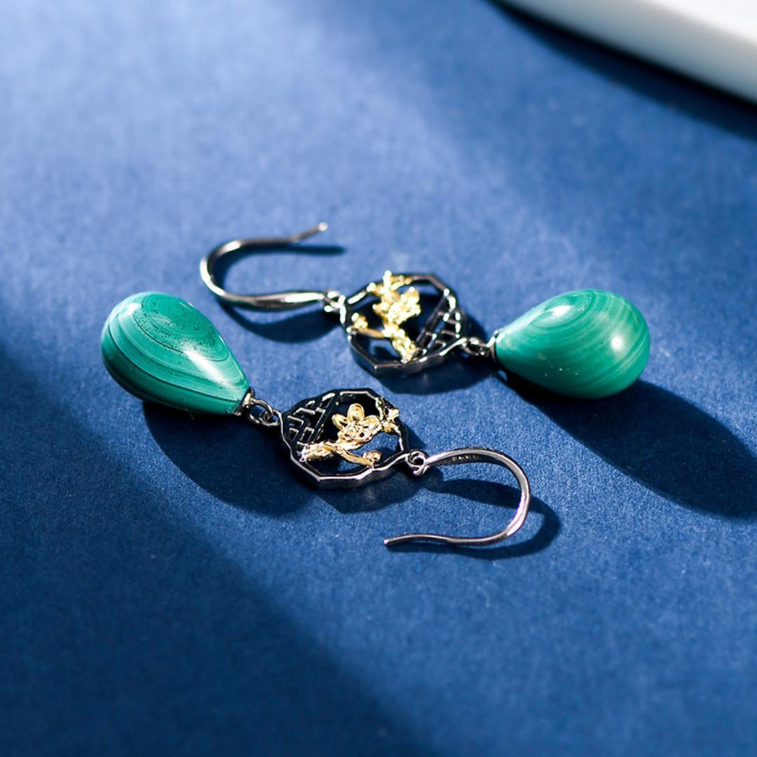 Boucles d'Oreilles Malachite – Sakura, Argent 925
