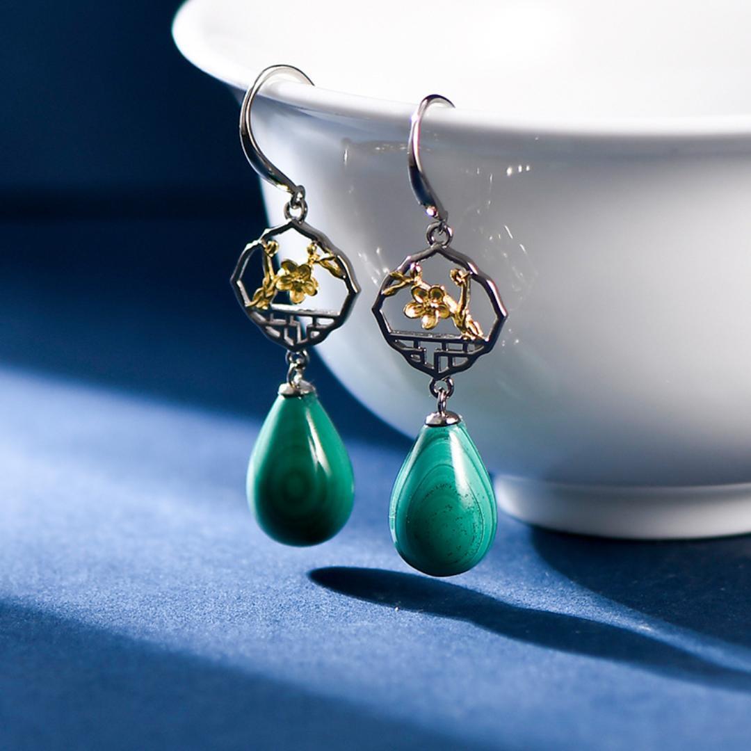 Boucles d'Oreilles Malachite – Sakura, Argent 925