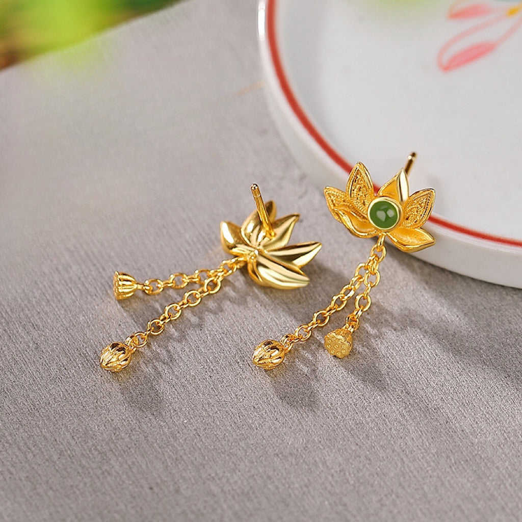 Boucles d'Oreilles Pendantes en Jade – Douceur, Argent Plaqué Or