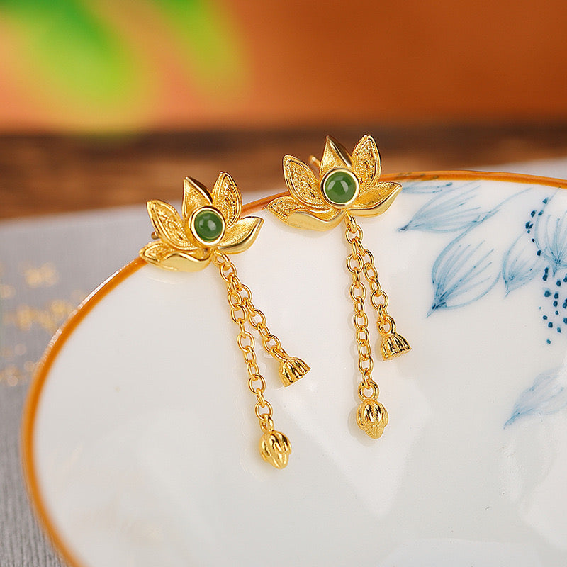 Boucles d'Oreilles Pendantes en Jade – Douceur, Argent Plaqué Or