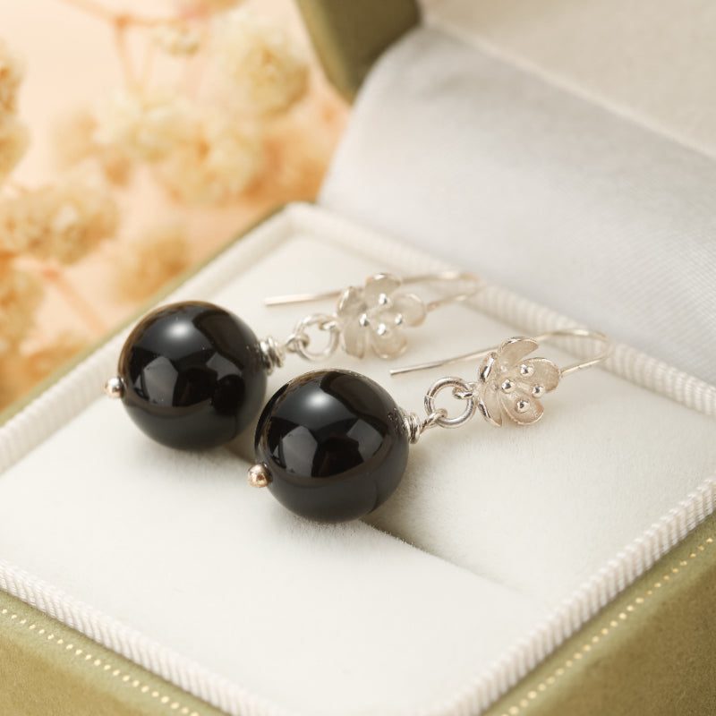 Boucles d'Oreilles Pendantes Obsidienne – Floraison Mystique, Argent