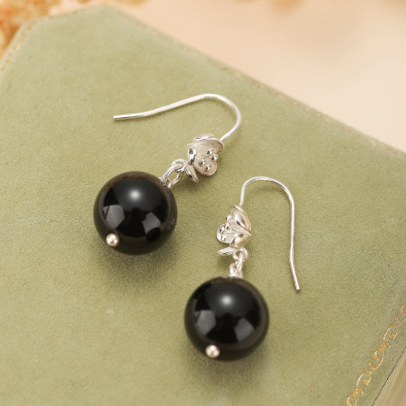 Boucles d'Oreilles Pendantes Obsidienne – Floraison Mystique, Argent