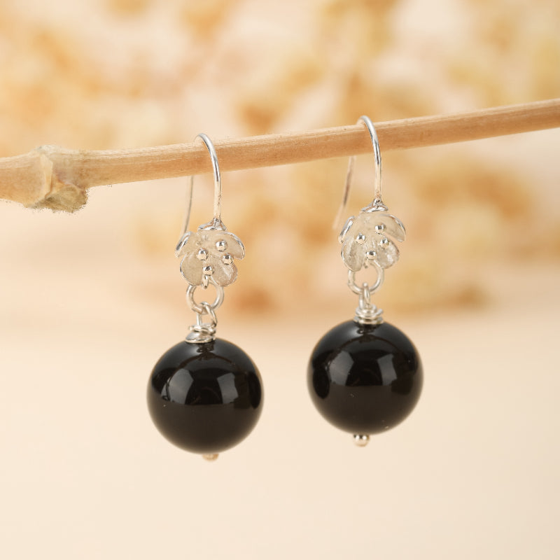 Boucles d'Oreilles Pendantes Obsidienne – Floraison Mystique, Argent