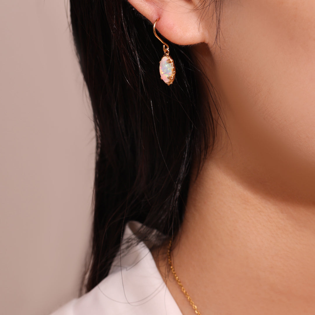 Boucles d'Oreilles Pendantes Opale – Flamme Mystique, Argent Plaqué Or