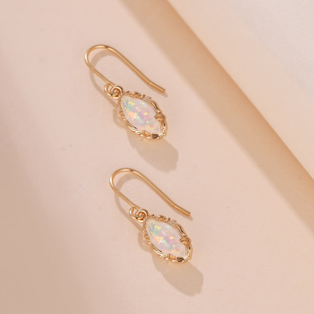 Boucles d'Oreilles Pendantes Opale – Flamme Mystique, Argent Plaqué Or