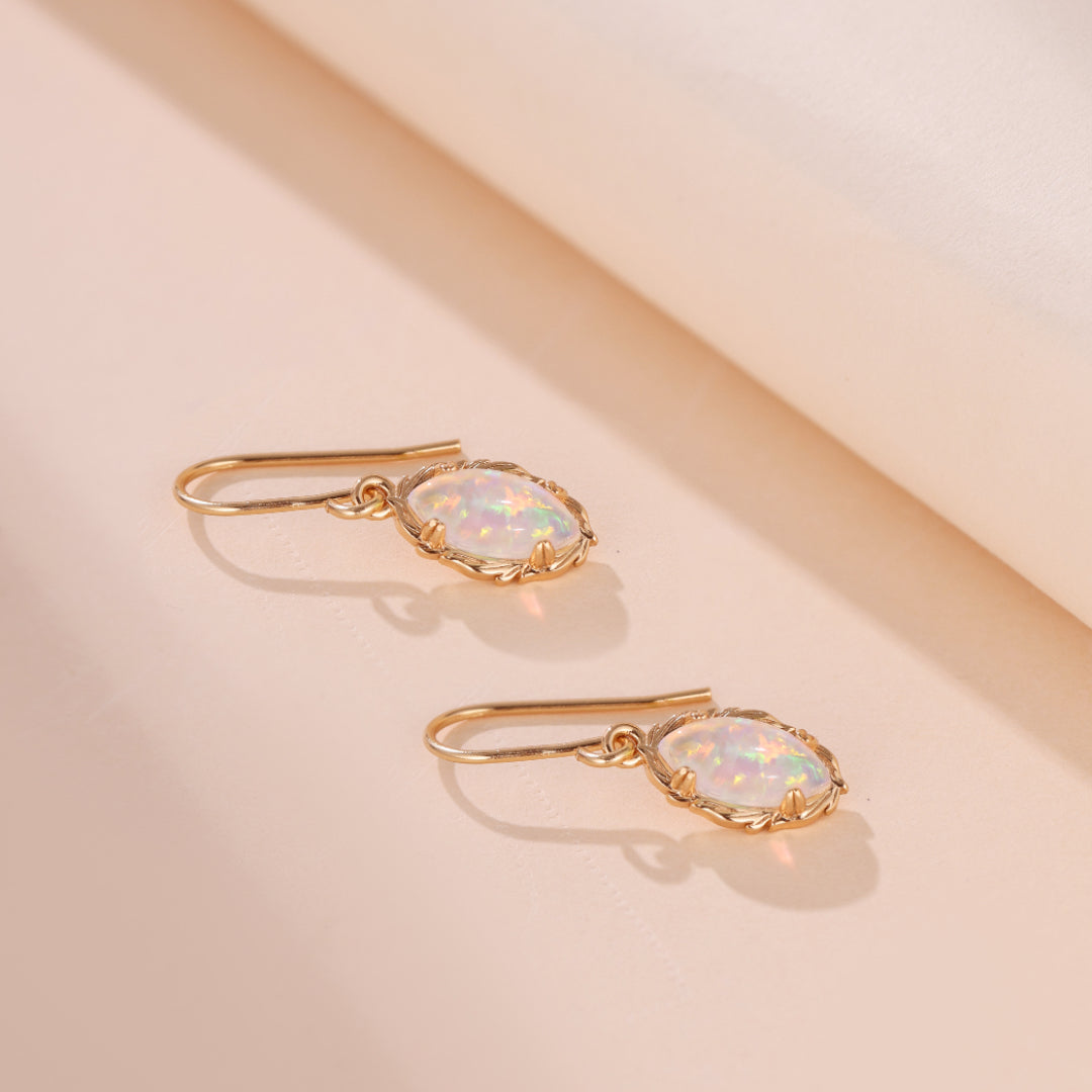 Boucles d'Oreilles Pendantes Opale – Flamme Mystique, Argent Plaqué Or